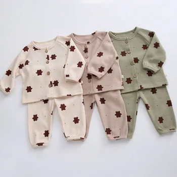 2022 Bahar Bebek Setleri Yenidoğan Kostüm Giyim çocuk Erkek Kız Giysileri Yenidoğan Takım Elbise Waffle Bebek Giysileri Ayı