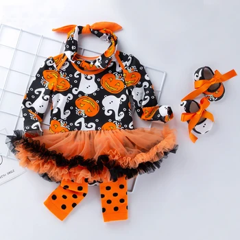 2022 Cadılar Bayramı Sonbahar Yenidoğan Bebek Çocuk Kız Karikatür Kabak Baskı Uzun Kollu Ekip Boyun Romper Tulum Giysileri 0-24M Kostümleri