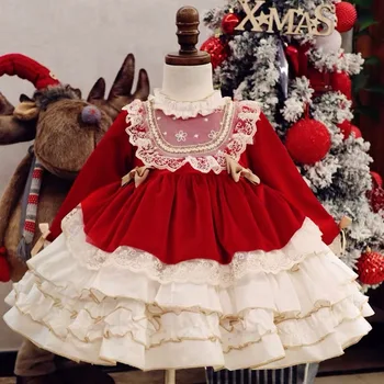 Bebek Kız Sonbahar Kış Kırmızı Kadife Vintage İspanyol Ponpon Topu Prenses Lolita Elbise Noel Doğum Günü için