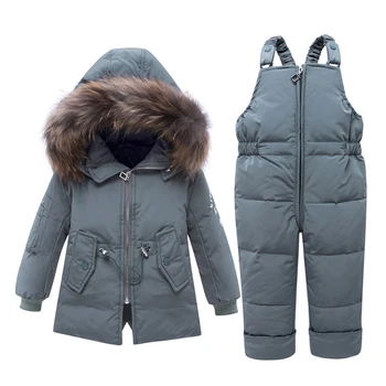 IYEAL Çocuk giyim setleri 2 ADET Ceket + Pantolon Kış Çocuk Giysileri Aşağı Ceket Takım Elbise Erkek ve Kız Gerçek Kürk Kapüşonlu Giyim