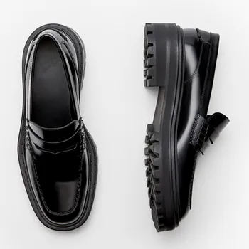 Jenny & Dave Ayakkabı Kadın İngiltere Stil Moda Kalın Taban Hakiki Deri Slip-On Loafer'lar Kadın Mokasen Ayakkabı Kadın düz ayakkabı