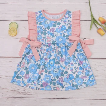 Yeni Tasarım Bebek Kız Prenses Elbise Tek Parça Elbise Bodysuit Çiçek Tatlı Etek Kollu Mavi Kıyafetler 1 - 8T Toddler Kız