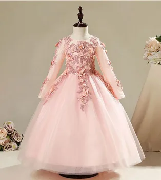2018 Pembe Aplikler ilk communion elbise Kız Vestido Daminha Casamento Parti Balo Çiçek Kız Elbise Düğün İçin