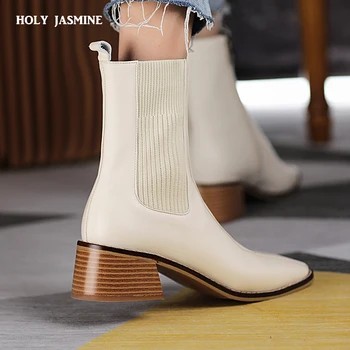 2020 Sonbahar Moda Kadın yarım çizmeler Kare Ayak Düşük Topuk Ayakkabı Kadın Geri Elastik Bant Kısa Patik Siyah Beyaz Botas Mujer