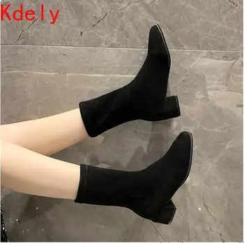 2020 Yeni Bahar Sonbahar Kadın Siyah Ayak Bileği Çorap Çizmeler Moda Streç Çizmeler Tıknaz Yüksek Topuklu Sivri Burun Kadın Ayakkabı
