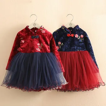 2021 Kış 2-12 Yıl Genç Yeni Yıl Nakış Dantel Kırmızı Geleneksel Çin Giysiler Tang Çocuklar Bebek Kız Artı Kadife Elbise