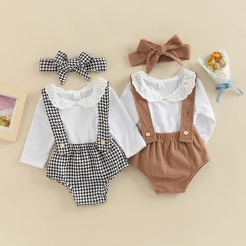 2022-08-01 Lioraitiin 0 - 18M Bebek Bebek Kız Tulum 3 Adet Takım Elbise Katı Uzun Kollu Bebek Yaka Romper Önlük Şort Kafa Bandı