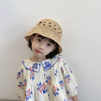 2022 Kore Bebek Hasır Şapka Çocuk Panama Kap Yaz Bebek güneş şapkaları Bebek Kız Erkek Çocuklar Kova Şapka Açık Seyahat Plaj Kapaklar