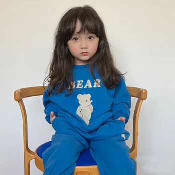 2022 Sonbahar Yeni Çocuklar Uzun Kollu Kazak Seti Moda Bebek Erkek Ayı Baskı Elbise Takım Elbise 2 adet Pamuk Çocuklar rahat Giyim Seti