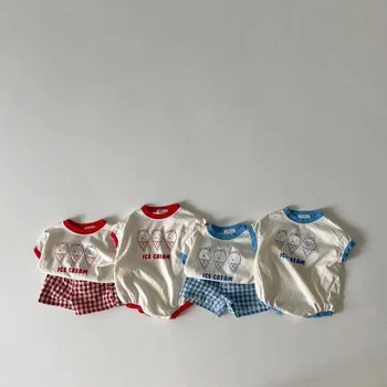 2022 Yaz Yeni Bebek Sevimli Dondurma Baskı Giyim Seti Bebek Erkek Kısa Kollu T Gömlek 2 adet Set Pamuk Bebek Kız Ekose şort takımı