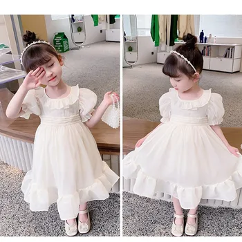 2022 Yeni Kız Beyaz Elbiseler Doğum Günü Partisi Düğün İçin Kahverengi Elbisesi Elbise çocuk Yaz Kısa Kollu Prenses Rop Giyim