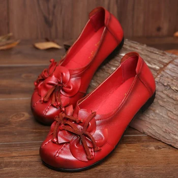 2022 Yeni Sonbahar Kadın Flats Hakiki deri ayakkabı Kadın günlük mokasen ayakkabı Çiçek Düz Topuk Ayakkabı Yumuşak Taban El Yapımı Daireler Kadın