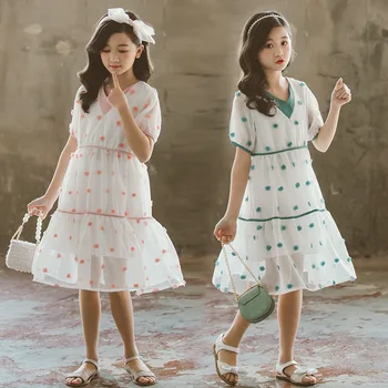 2022 Yeni Stil Yaz Polka Dot Kız Elbise Bebek Kız Pamuk ve Keten Örgü Elbiseler Moda V Yaka Kızlar için Elbiseler, #8377