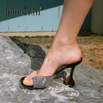 2022 Yeni Yaz Kadın Sandalet Kristal Kare Ayak Bayanlar Topuk Katır Seksi Yüksek Topuklu Sandalet Terlik Kadın Moda Kadın Ayakkabı