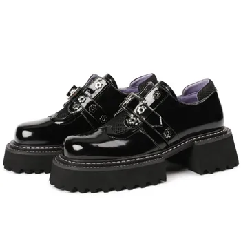 2023 Yeni Tasarımcı Kadın Pompaları Kalın Taban platform ayakkabılar Tıknaz Yüksek Topuklu Siyah Balo Deri Sürüngen Zapatos Mujer