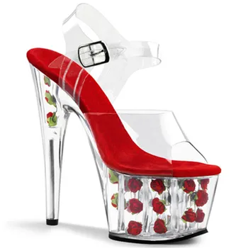 8 inç kalın topuk, şeffaf platform kristal ayakkabı, moda romantik gül kristal düğün ayakkabı, 20 cm yüksek topuk Sandalet