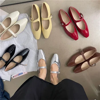 Bailamos Vintage Kare Ayak Toka Flats Marka Mary Janes Loafer'lar Düz Ayakkabı Balerin Sığ Moccasins Üzerinde Kayma Zapatos Mujer