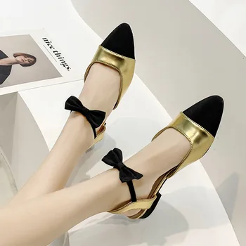 Baotou Sandalet Kadın Yaz Yeni Fransız Bayanlar Ayakkabı Sivri Burun Sandalet Renk Eşleştirme Düşük topuklu Yay Ayakkabı