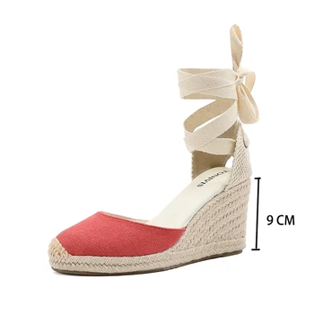 Bayan Takozlar Espadrille yaz ayakkabı Yuvarlak Kırmızı Kadınlar İçin 2022 Teklif Koştu 7-9cm Sandalet Sandalias Mujer Up Kama Ayak Bileği Kayışı 