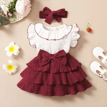 Bebek Kız Elbise Toddler Kız Giysileri Set 2 Adet Bebek İlmek Ruffles Elbiseler Sevimli Kolsuz Pamuk Yenidoğan Prenses Dress0-24M