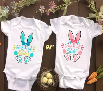 Benim İlk Paskalya Bebek Paskalya Bodysuits Sevimli Tavşan Yumurta Baskı Yenidoğan Giysileri Erkek Kız Kısa Kollu Tulum Parti Bebek Kıyafetleri
