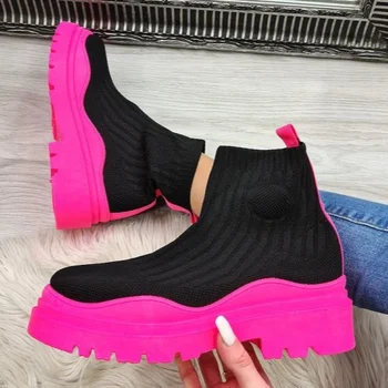 Botas Mujer Sonbahar / Kış 2023 Yeni Çift Tıknaz Çorap Ayakkabı Kadın Platformu Rahat Artı Boyutu Siyah Örgü yarım çizmeler kadınlar için