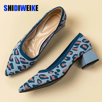 Büyük Boy kadın Sivri Yüksek Topuklu Karışık Renk Rahat Nefes Örme Ayakkabı Moda Kare Topuk Ayakkabı Zapatos De Mujer