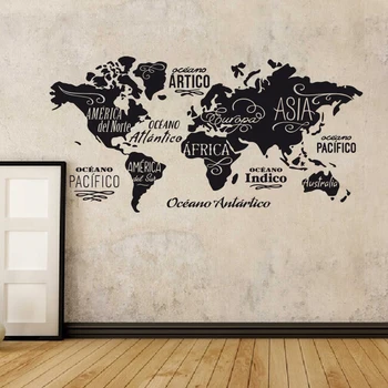 Dünya haritası kelimeler vinil duvar sticker Okyanuslar ve Kıtalar ispanyolca ev dekor duvar çıkartmaları diy ev dekoru oturma odası için