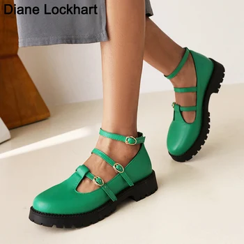 Edebi Retro Lolita Kadın Flats Mary Janes Ayakkabı Yuvarlak Ayak Öğrenci Kız Platformu T-Kayışı Toka Bullock Ayakkabı Yeşil