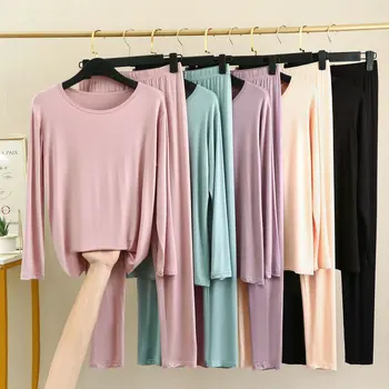 Fdfklak Yeni Bahar Sonbahar Düz Renk Kadın Uyku Salonu Pijama Uzun Kollu Pijama Seti Pijama Mujer Kadın Kıyafeti