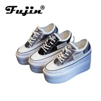 Fujin 12cm Hakiki Deri Kadın rahat ayakkabılar Platformu Gizli Topuk Yüksek Kama Ayakkabı Tıknaz Ayakkabı Platformu Rahat Lace Up