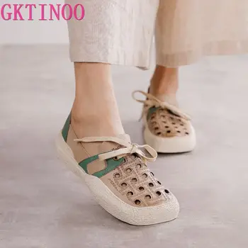 GKTINOO 2022 Yaz Hakiki Deri İçi boş ayakkabı Kadın Sandalet gündelik ayakkabı Düz Yumuşak Taban Rahat Sandalet