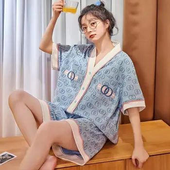 Gökyüzü Mavi Son Buz İpek Pijama kadın Rahat Yaz Güzel Ev Giysileri Gerçek İpek Yüksek dereceli Pijama Setleri Kısa Kollu Pantolon