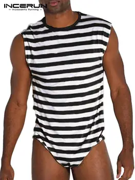 INCERUN Erkekler Çizgili Bodysuits 2022 O-Boyun Kolsuz Nefes Rahat Tulum İç Çamaşırı Pijama Rahat Seksi Erkek Bodysuit S-5XL