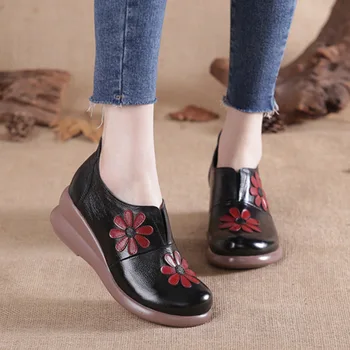 Işlemeli Çiçek bayan Ayakkabıları Moda Düz Kama Deri Etnik Tasarım Platformu Retro Loafer'lar