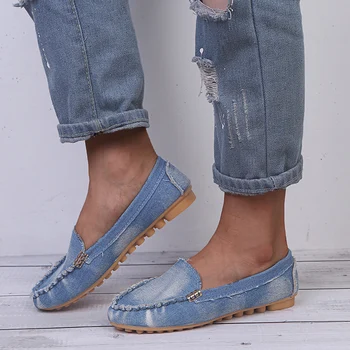 Kadın Rahat düz ayakkabı Bahar Sonbahar Düz Mokasen Kadın Ayakkabı Fişleri Yumuşak Yuvarlak Ayak Denim Flats Kot Ayakkabı Artı Boyutu