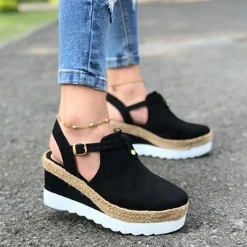 Kadın Sandalet Vintage Kama Ayakkabı Kadın Toka Kayış Saman Kalın Alt Daireler platform sandaletler Akın kadın ayakkabısı Yaz 2020