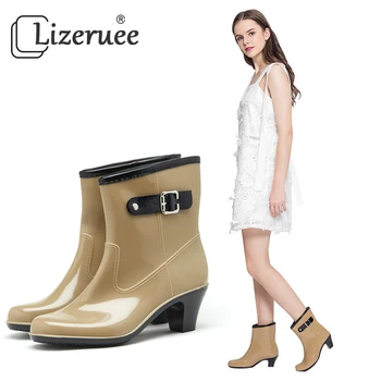 Kadın yağmur çizmeleri Moda Su Geçirmez İlkbahar / Sonbahar Yüksek Topuklu ayak Bileği ayakkabı Kadın Kayma Su Botları Zapatillas Mujer