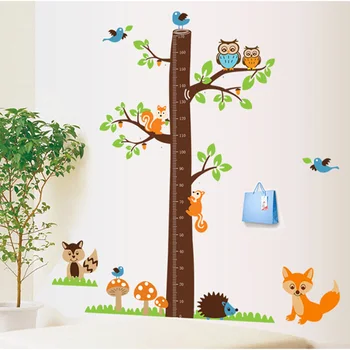 Karikatür Hayvanlar Sincap Yükseklik Ölçeği Ağaç Yükseklik Ölçüsü Duvar Sticker Çocuk Odaları İçin Büyüme Tablosu Kreş Odası Dekor Duvar Sanatı