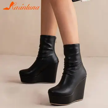 Karınluna Moda Yeni Bayanlar Takozlar Botları Ayak Bileği platform ayakkabılar Kadınlar Seksi Zarif Katı yuvarlak ayak Zarif Kadın Çizme Büyük Boy 43