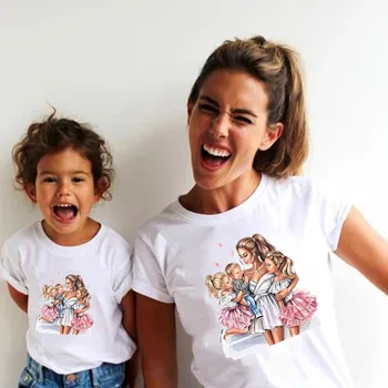 Komik Anne Çocuk Aile Eşleştirme Kıyafetler Beyaz Kısa Kollu Anne Kızı Eşleştirme Giyim Yaz Aile Bak