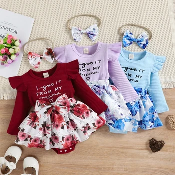 Kız bebek Romper Elbise Harfi Nakış Tutu Elbise Yay kafa Bandı Giyim ile Yivli Çiçek Baskı Fırfır Örme 