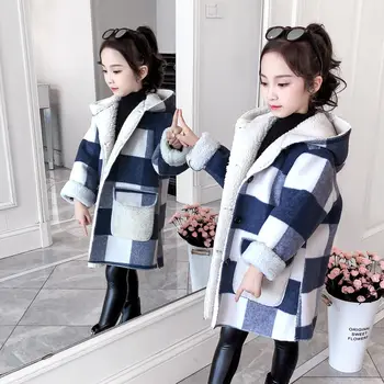 Kızlar Ceketler Yeni Kış Giysileri Orta Uzun Modeller Kızlar Ekose Kalınlaşmış Kuzu Moda Tasarım çocuk Yünlü Kumaş Mont