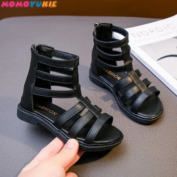 Kızlar Sandalet 2022 Yaz Çocuklar Gladyatör Sandalet Botlar Roma Ayakkabı Dar Bant Prenses Ayakkabı Çocuk Bebek İçin Siyah beyaz