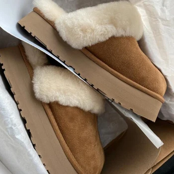 Kış Kadın Kürk Terlik Sıcak Peluş Flip Flop 2022 Tasarımcı Yeni Rahat Platform Ev pamuklu ayakkabılar Daireler Çizmeler Katır Zapatos