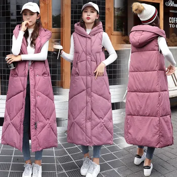 Kış Kadın Sıcak Yelek kadın Uzun Yelek Ince Kolsuz Ceket Mont Kadın Aşağı Pamuk Kapşonlu Yelekler Yeni moda Giyim