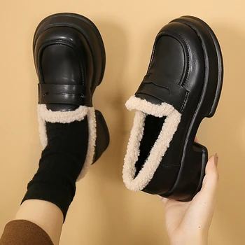 Kış Rahat Kadın Ayakkabı Kürk Peluş Daireler Mary Janes Lolita Ayakkabı 2022 Yeni Marka Tasarımcısı Platformu Femme Çizmeler Oxford Zapatillas