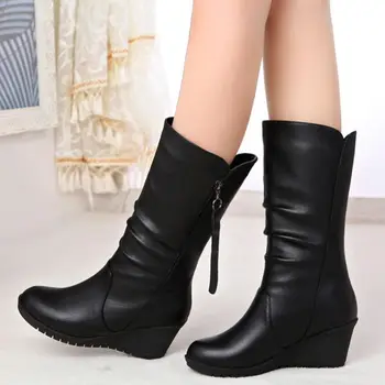 Kış sıcak Kürk Çizmeler Bayan Botları Yüksek Topuklu Yan Fermuar kadın ayakkabısı Siyah Kadın Çizmeler Ayakkabı Kama Çizmeler Ayakkabı Kadın