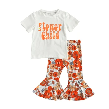lioraitiin 2-7Y Yaz Güzel Yürümeye Başlayan Kız Elbise Setleri 2 adet Mektup Kısa Kollu T Shirt Ayçiçeği Flare Pantolon