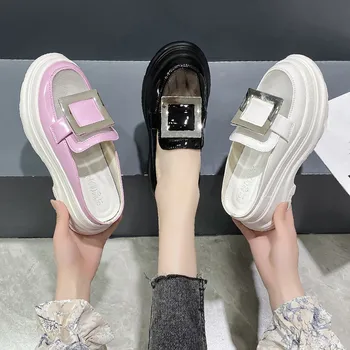 Loafer'lar Med Artan İç kadın ayakkabısı Kapak Ayak Bayan Terlik Platformu 2022 Düz Kauçuk PU Slaytlar temel ayakkabı Bayan